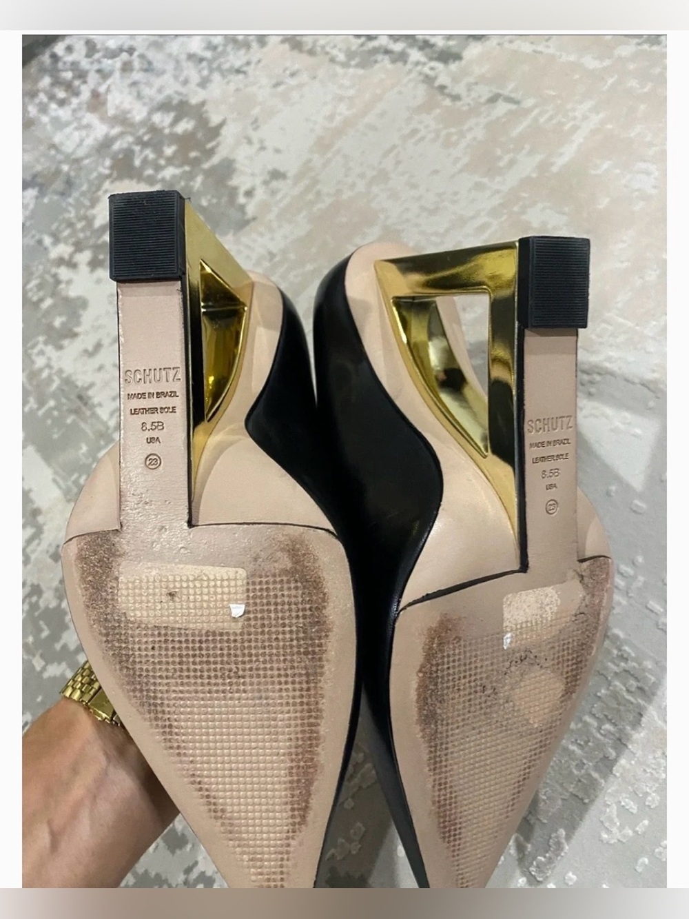 SCHUTZ Black Leather Pointed-Toe Pumps with Gold Geometric Heel - Picture 6 of 9